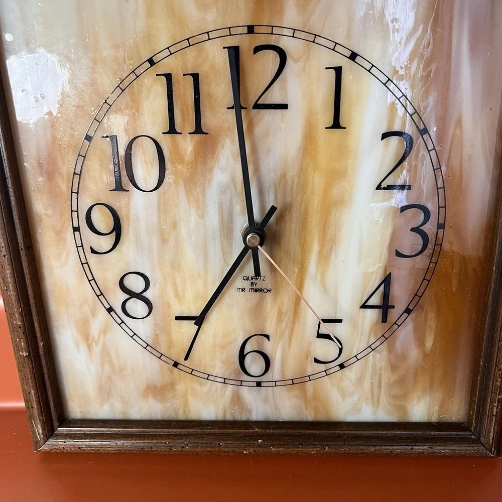 VNTG Mr. Mirror Slag Glass Mid Century‎ Square Wall Clock MCM Wood Frame Works